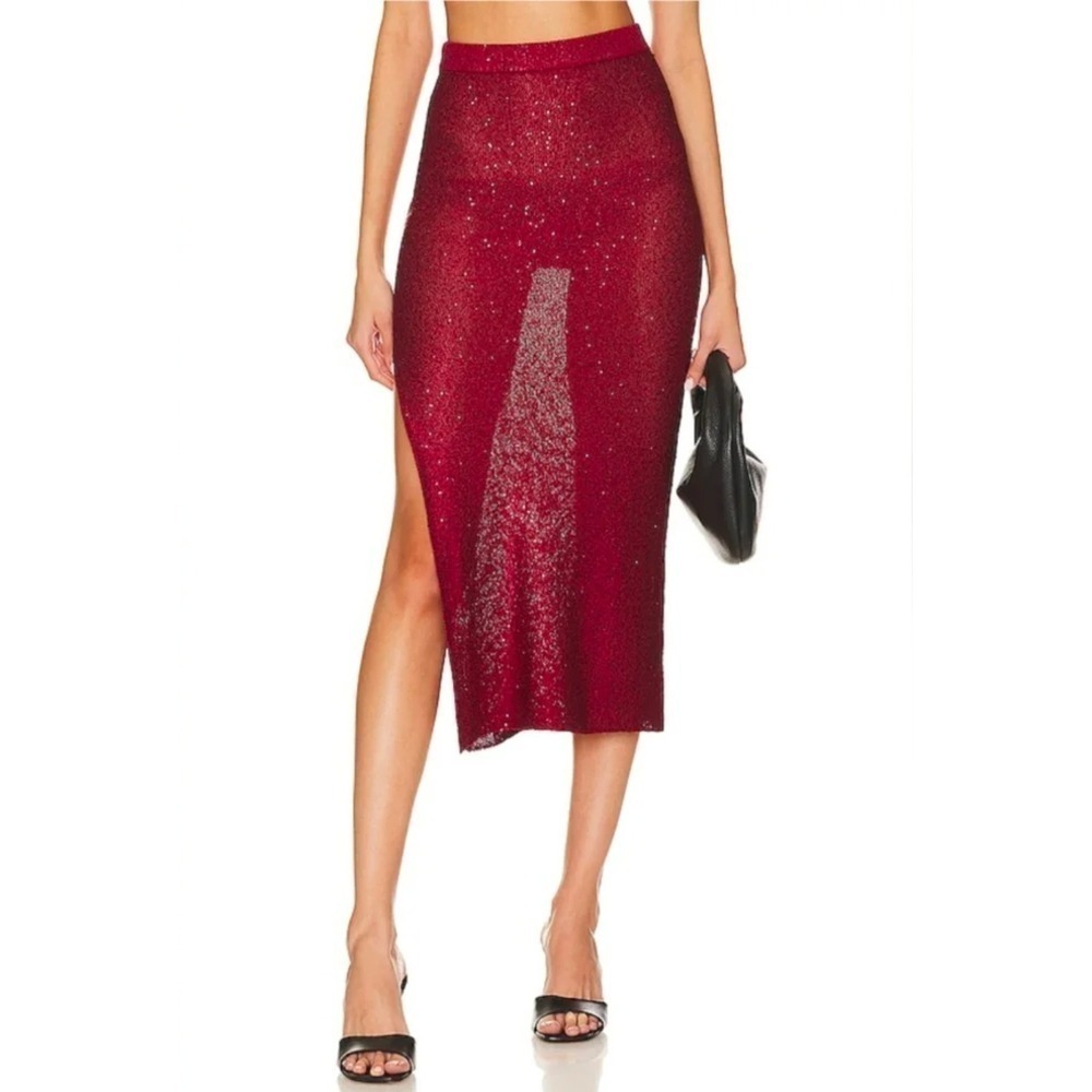 B6 MISA Los Angeles Vera Sequin Midi Skirt Womens Medium Red Knit Side Slit